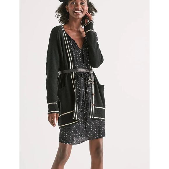 Lucky Brand Longline Cardigan Sweater Womens Small Black Tipped Button Front - Picture 3 of 12